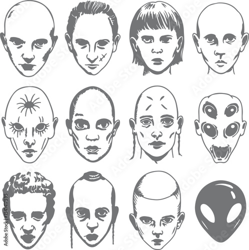 Twelve Gray Scale Silhouette Portraits Diverse Faces Male Female Bald Short Hair Curly Hair Plus Alien Head Graphic Design