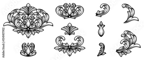 Vector set of baroque victorian damask ornamental. Vintage calligraphic elements, Flourish, filigree, scroll, curl decorative design. Hand drawn gothic frame, corner and borders ornament collection.