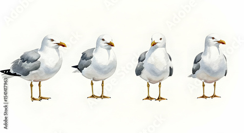 Four Seagulls Watercolor Painting Coastal Birds Wildlife