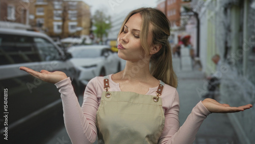 Woman in apron stands with open palms raised by her shoulders on a crowded urban sidewalk; confusion doubt indecision uncertainty hesitation balance question dilemma thinking comparison.