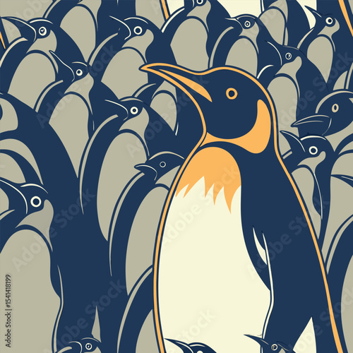 Photorealistic vector illustration of a king penguin colony