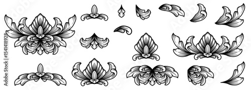 Set Classical ornament decorative design tattoo black and white. Flourishes, floral, scroll, filigree, calligraphic heraldic shield, Filigree element. Vintage Baroque Victorian frame border vector 