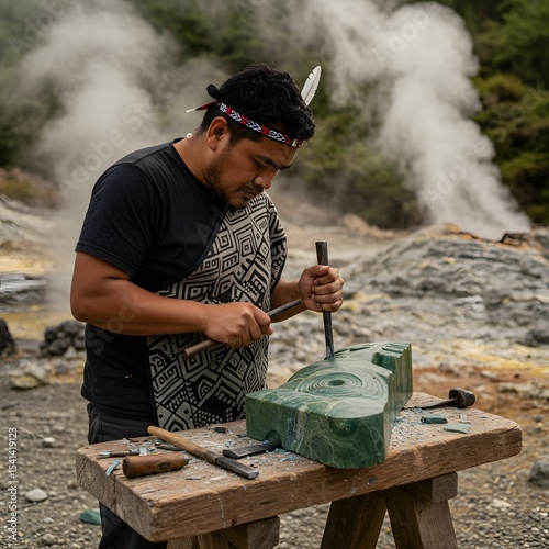 Maori carver creating tiki from pounamu greenstone, traditional chisels, Rotorua geothermal steam
