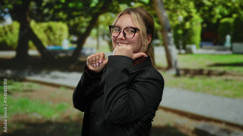 Fototapeta premium Woman in glasses smiling with thumbs pointing backwards in a park setting.