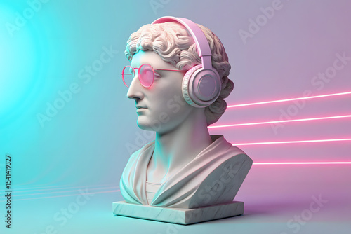 Classical marble bust with headphones and sunglasses in vibrant neon retrofuturistic vaporwave style