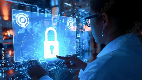 Scientist interacting with a holographic interface displaying security features in a lab