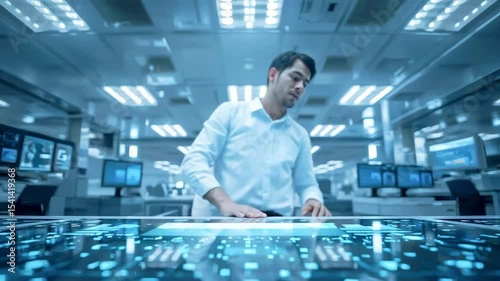 Focused professional analyzing data on a futuristic touchscreen in a high-tech lab environment