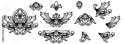 Vintage Baroque victorian damask frame border flower engraving pattern ornament decorative design. Arabesque, renaissance gothic tattoo black line, filigree calligraphic heraldic shield swirl vector