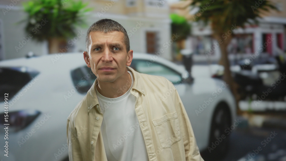 Fototapeta premium Man curiously observing surroundings on a vibrant street with a car in the background, showcasing a casual day outdoors, capturing urban life and street culture.