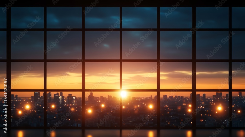 Fototapeta premium Stunning Cityscape Sunset View from Large Window Panorama Golden Hour City Lights at Dusk