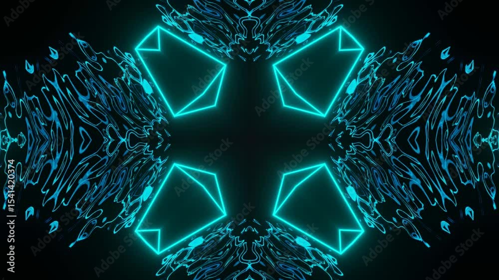 Symmetrical Neon Kaleidoscope Lines Motion Loop. Seamless loop of neon glowing lines forming kaleidoscopic pattern centered in frame