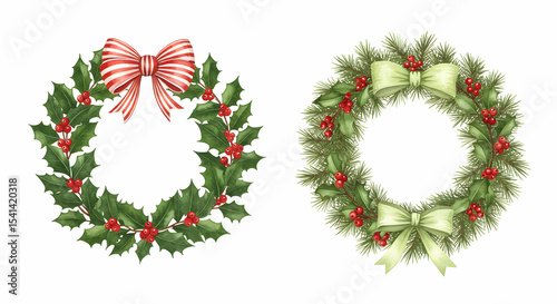 Christmas Holly and Pine Wreaths Watercolor Design