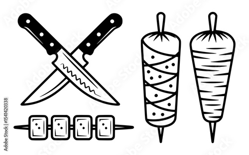Black and white illustration of kebabs and related food icons