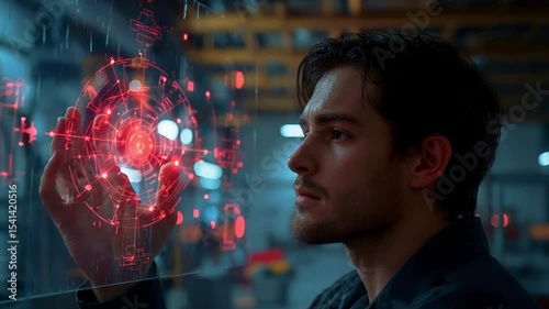 Young man interacting with a holographic interface in a high-tech workshop, showcasing innovation