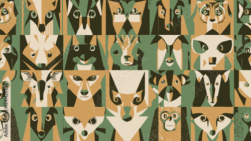 Geometric animals compose mosaic pattern against green backdrop abstract composition