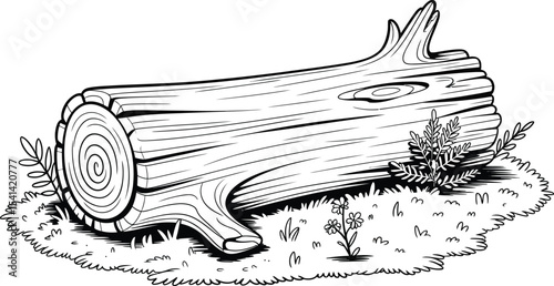 A black and white drawing of a log on the ground with some vegetation