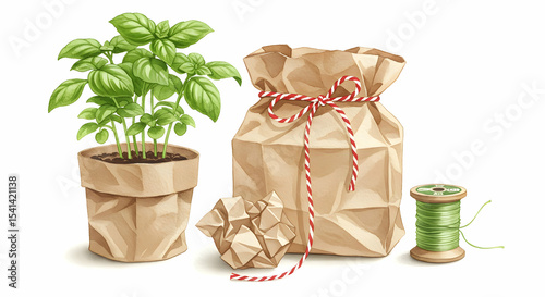 Basil plant in paper pot with gift bag and thread