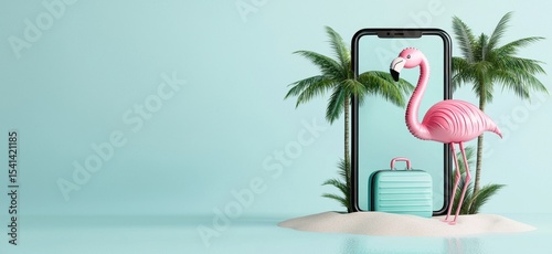 Flamingo and Suitcase by Phone on Tropical Beach Background