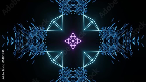 Neon Lines Kaleidoscope Seamless Loop Animation. Hypnotic kaleidoscope formed by glowing neon lines on seamless dark background