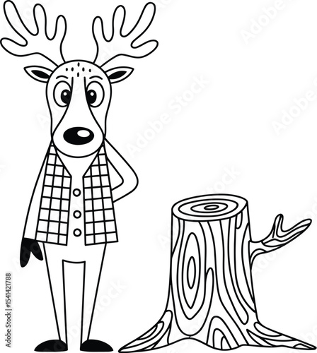 Cartoon deer wearing a vest standing next to a tree stump illustration