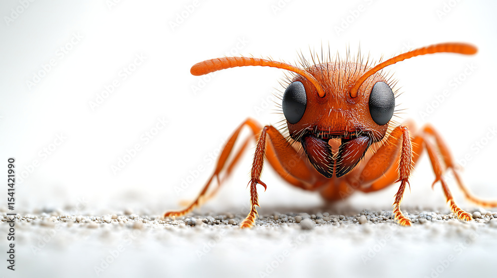 Fototapeta premium Close-up view of a vibrant orange ant showcasing its features on a sandy surface