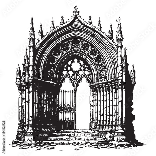 Weathered gothic archway with intricate stone details image vector