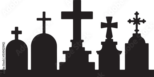 Black Silhouette Grave Markers Crosses Cemetery Headstones Funeral Memorial Icons Set
