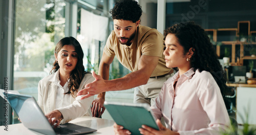 Canvas-taulu People, talking or review in meeting with laptop in office for finance report, research and investment
