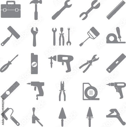 Collection of Gray Silhouette Tool Icons Including Hammer Wrench Screwdriver Pliers Trowel and Drill Construction Repair and D I Y Equipment Set