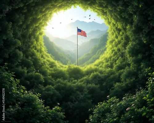 American Flag in Peaceful Green Forest Clearing – Symbol of Freedom and Nature