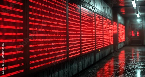 Futuristic corridor with glowing red text and reflections