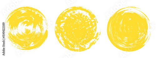 Yellow brush sun rough set. Hand drawn grunge sun circles collection. Abstract round stamps on white background.