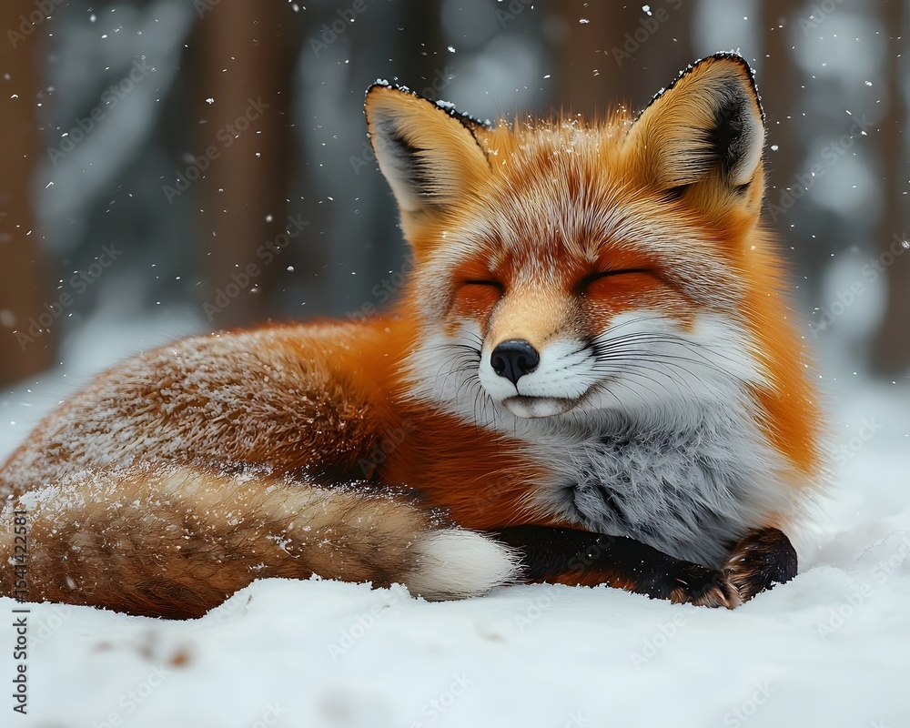 Fototapeta premium A red fox curled up in a snowy forest