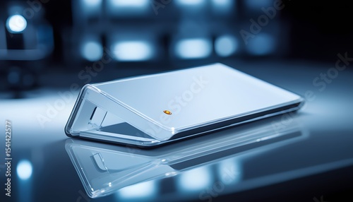 Wallpaper Mural Foldable smartphone gleams on reflective surface, sleek futuristic design highlighted Torontodigital.ca