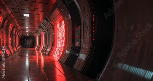 Futuristic corridor with red lights and digital screens