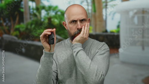Fotografie Man ponders thoughtfully outdoors holding car key in urban city street, expressing contemplation with apparent tattoos on hand against a blurred natural backdrop