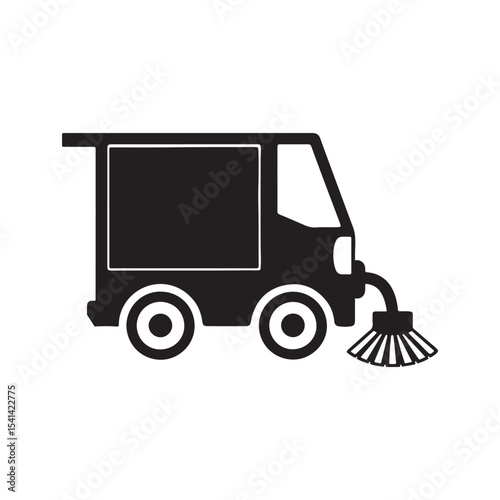 Street Sweeper Truck Silhouette – Flat Minimalist Vector Icon of Cleaning Vehicle on White Backgroun.