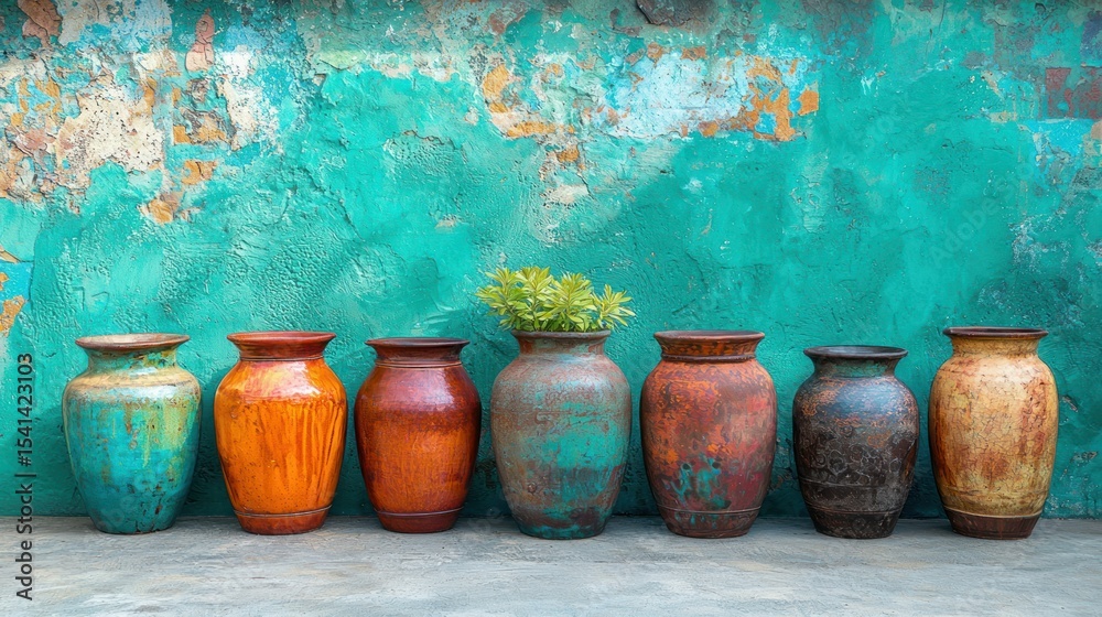 Obraz premium Colorful handcrafted urns against teal wall