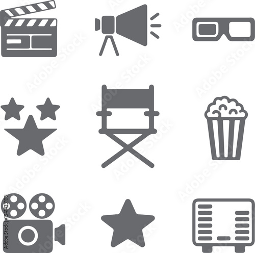 Gray Silhouette Icons Set Filmmaking Movie Production Cinema Symbols Clapperboard Spotlight Director Chair Popcorn 3 D Glasses Film Reel Stars