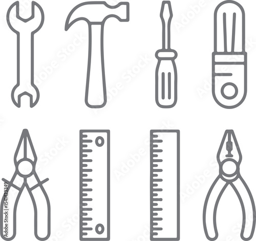 Gray Silhouette Icons Set of Tools Wrench Hammer Screwdriver Lightbulb Pliers Ruler Construction Repair D I Y Home Improvement