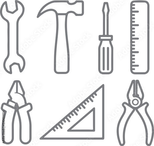 Gray Silhouette Line Art Set of Construction Tools Wrench Hammer Screwdriver Ruler Pliers Set Square