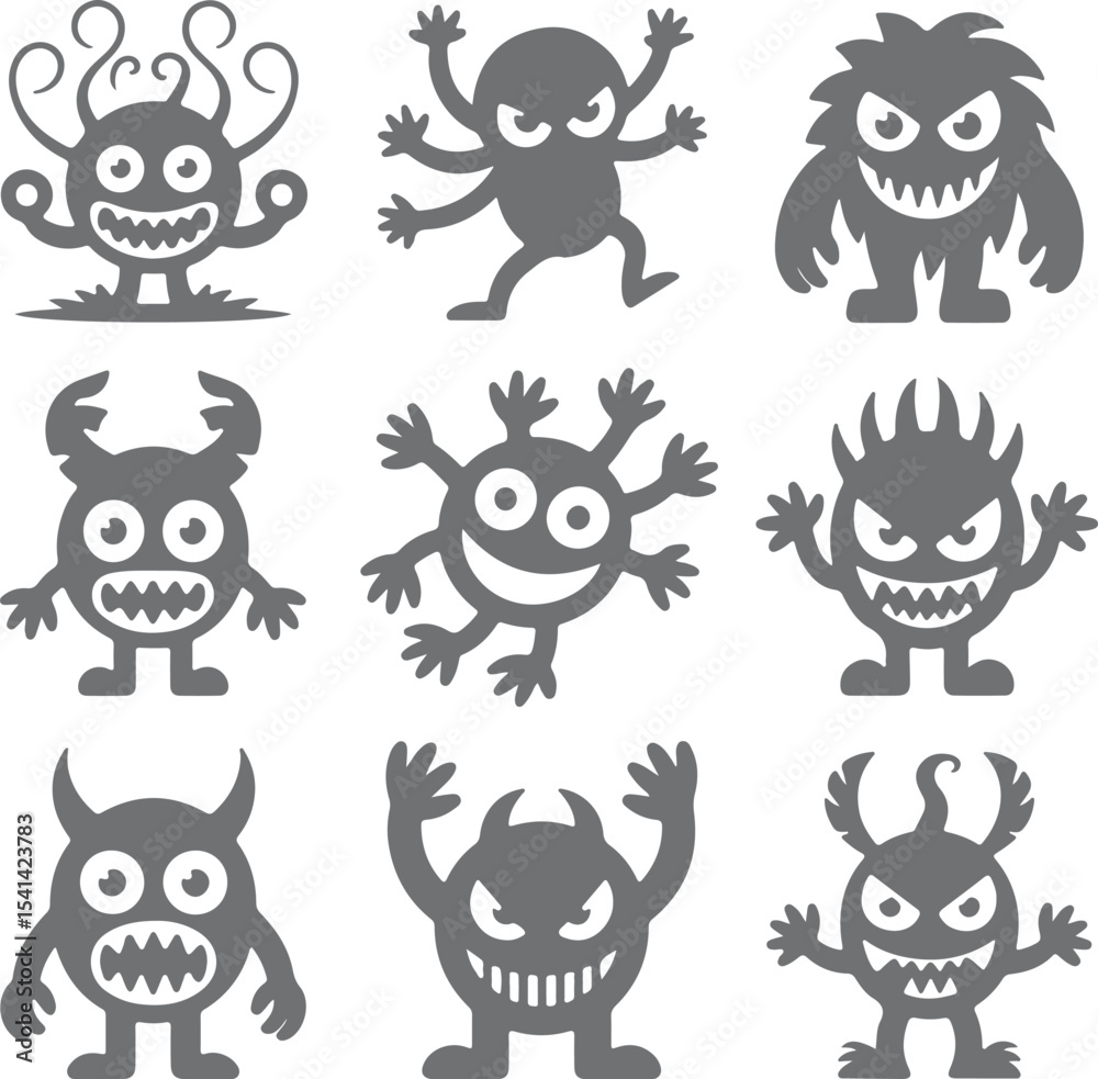 Fototapeta premium Nine Grey Cartoon Monster Silhouettes Various Expressions Poses White Background gray