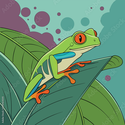 Vibrant red eyed tree frog on branch vector illustration