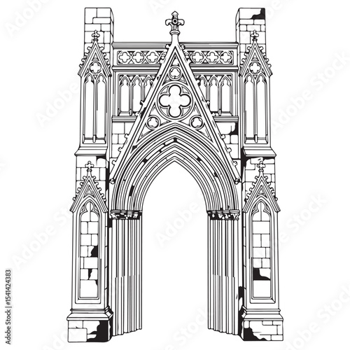 Weathered gothic archway with intricate stone details image vector