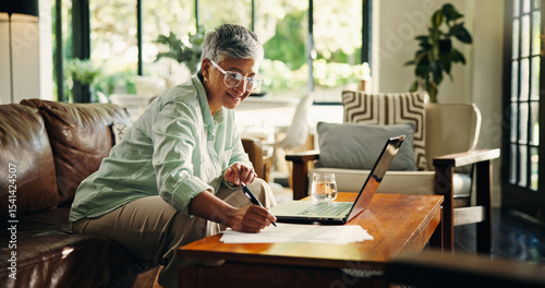 Photography Mature woman, remote work and writing on document for finance, budget review and asset management