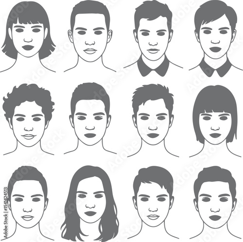 Twelve Gray Silhouette Headshots Diverse Hairstyles Male Female Faces Simple Line Art Portraits