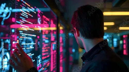 Young man interacting with futuristic digital interface in a tech-savvy workspace at night