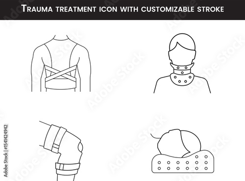 Trauma treatment icon set, Orthopedic pain, back pain, knee pain, neck pain, customizable stroke, vector, illustration