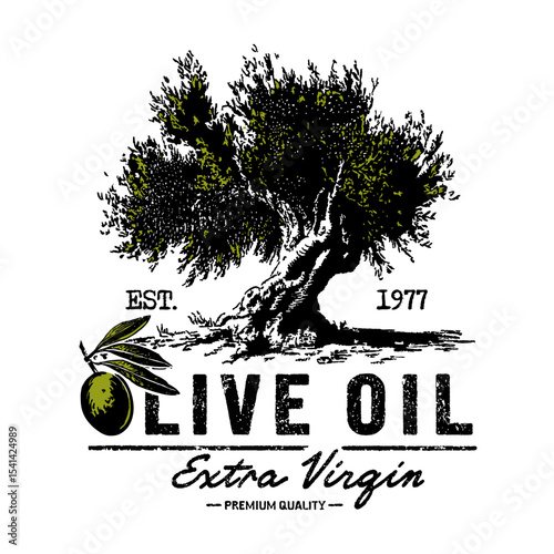 Vintage hand-drawn olive oil label with olive tree illustration and text for organic olive oil packaging and branding design. Olive oil logo, extra virgin, premium quality, vector illustration
