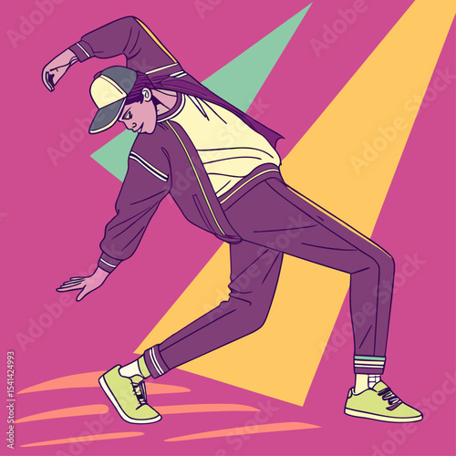 "Stylish Female Street Dancer in Spotlight Performing Urban Freestyle Dance Move"
